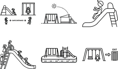 Diverse line art icons of children's playground activities emphasizing fun and safety rules