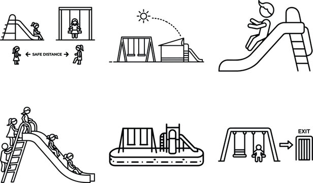 Diverse line art icons of children's playground activities emphasizing fun and safety rules