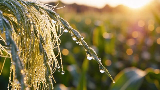 Cinematic closeup of golden corn silk shimmering with morning dew droplets in soft natural sunlight on a rural farm field during dawn harvest season and agricultural landscape
