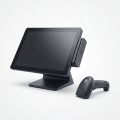Modern checkout retail system with touchscreen display and barcode scanner for efficient transactions. Checkout retail setup features sleek design with advanced technology for streamlined operations.