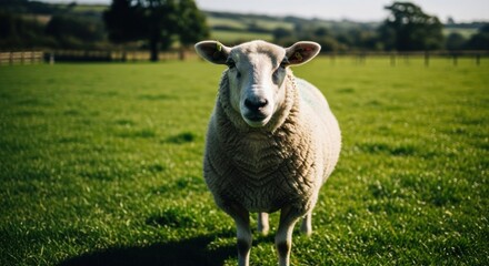 Fototapeta premium A sheep stands in a field of green grass, with trees and a fence in the background