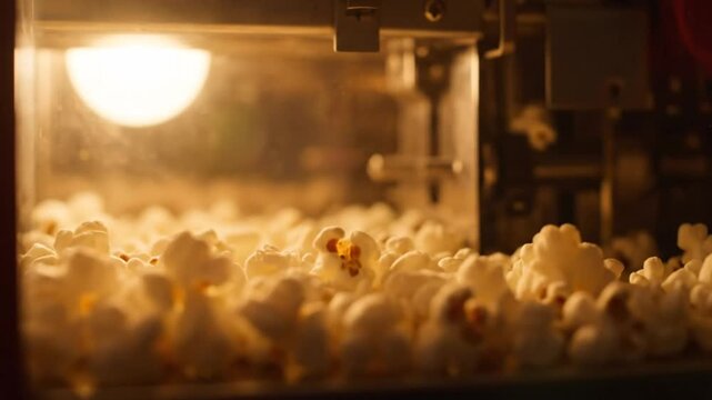 Commercial popcorn machine in action, popping kernels rapidly with bright light and steam in vintage style.