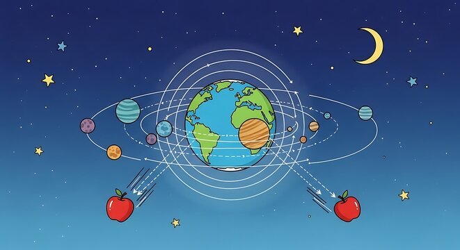 Apples Orbiting Earth in Space Illustration.