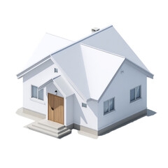 Isometric view of a small, white house with a pitched roof, light-brown front door, and steps