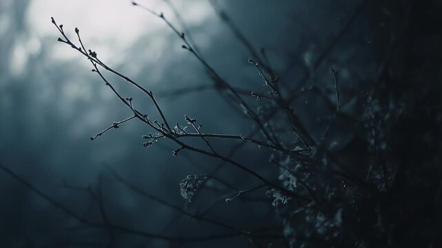 Delicate bare tree branches showing tiny water drops on the surface, bathed in dark morning light and surrounded by a foggy, mysterious winter forest atmosphere