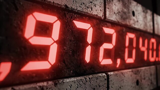 A close-up view of a digital timer displaying red numbers on a brick wall