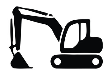 Black silhouette of a heavy hydraulic excavator on crawler tracks