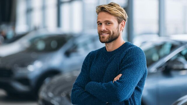 Smiling young man standing with arms crossed in a car dealership showroom, happy customer choosing a new vehicle for transportation and lifestyle needs