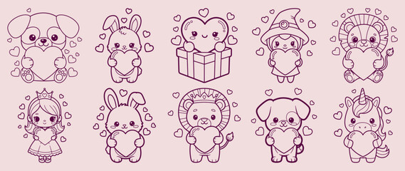 Obraz premium Collection of cute chibi characters holding hearts line art for coloring book vector illustration