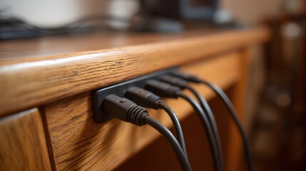 Multiple black electrical cords plugged into a power strip mounted under a wooden desk