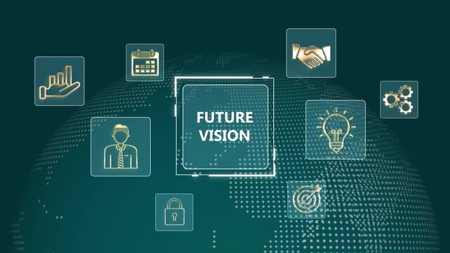 Business strategy and innovation concept with F U T U R E V I S I O N text and various representing growth planning and technology on a dark green background with white dots