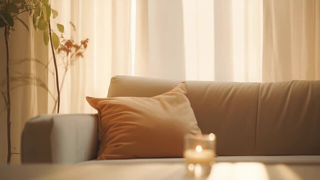Creating a warm and inviting atmosphere in a cozy living room with a glowing candle on a table, casting soft light and shadow on the comfortable sofa and drapes