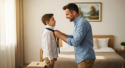 Fototapeta premium Man helps young boy tie necktie in sunny bedroom, representing fatherhood and family bond. This image is suitable for concepts of preparation, childhood, and special moments, ideal for Father's Day.