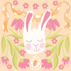 Obraz premium A white Easter bunny head with an orange ribbon on a botanical floral background of pink daisies. Vector pattern illustration. Flat, cute folk print.