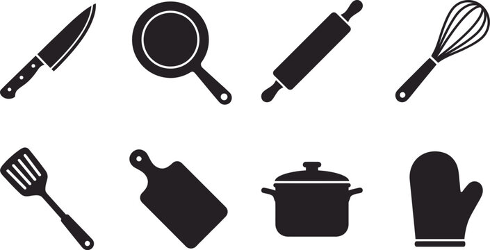 Kitchen Utensils Silhouette Icon Set - Cooking Tools Collection