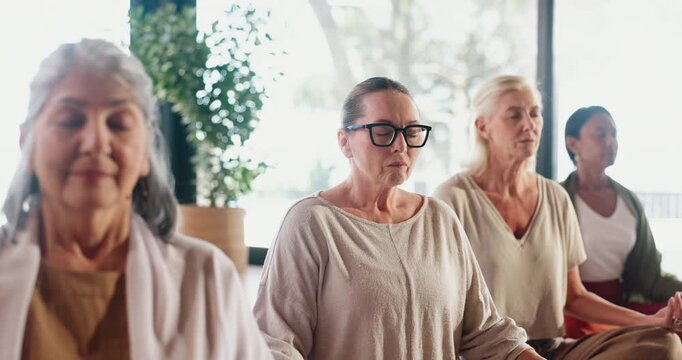 Mature people, meditation and peace in yoga class for wellness, spiritual awareness and healing chakra. Women, lotus pose and mudra with mindfulness, breathing exercise and zen for holistic health.