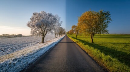 Fototapeta premium Seasonal Divide along a Rural Road: Contrasting Weather and Colors