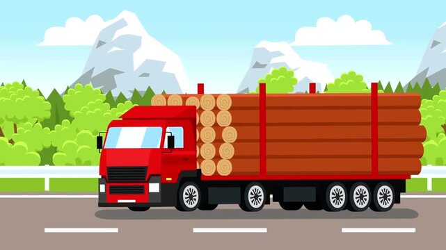Red Logging Truck Transporting Timber On Highway With Mountains