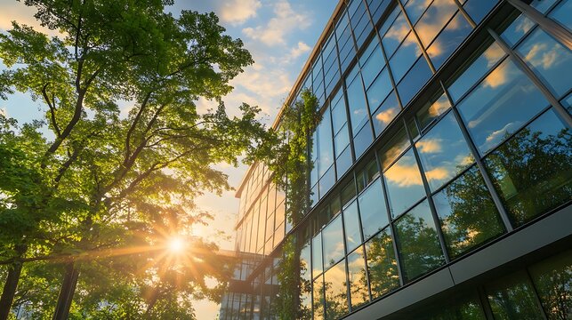 Modern office building with lush green trees and sun flare high resolution image