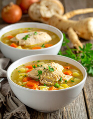 Simple farmhouse chicken soup with root vegetables