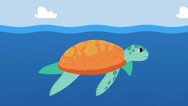 Cartoon Sea Turtle Swimming in Blue Ocean Water Animated Loop