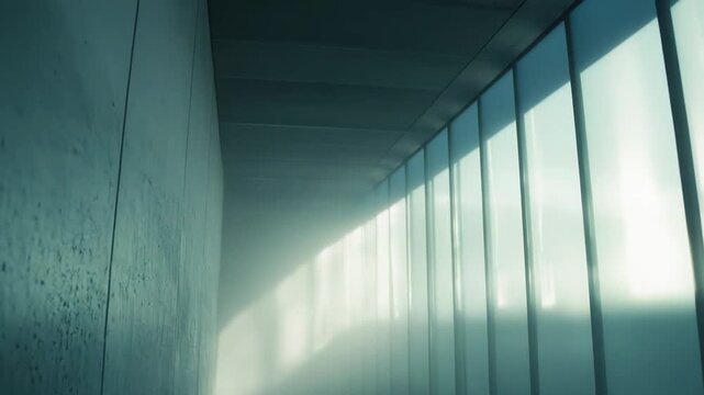 Abstract interior scene of a long, empty modern corridor, soft light streaming through narrow windows, creating a peaceful atmosphere with strong shadows and a sense of depth