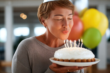 Obraz premium Woman blowing out birthday cake candles, smiling, celebrating indoors with colorful balloons in background, joyful atmosphere