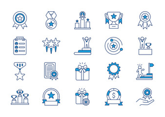 Reward thin blue icon set. Containing medal, ranking, trophy, award, success, leaderboard, award, stars . Vector illustration