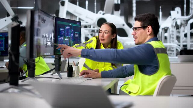 Car Factory Workers Monitoring Automobile Assembly Line