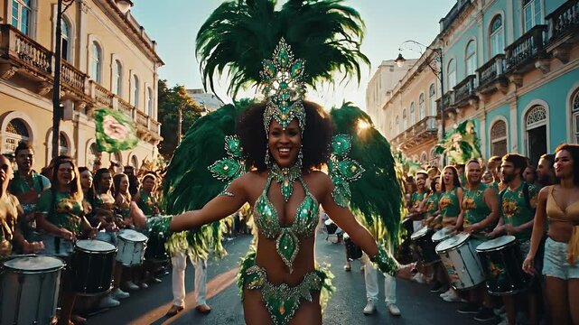 Dancer in ornate green costume leads Brazilian Carnival street parade with drummers