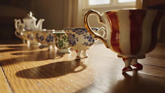 Tea cups and teapot on a wooden table with morning sunlight casting shadows