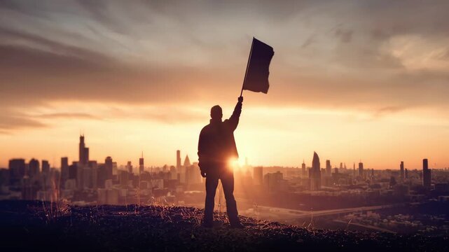 Silhouette of a protester holding a flag against city skyline at sunset. Concept of resistance, freedom and political struggle