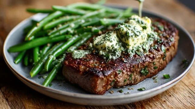 Steak mit Kr&auml;uterbutter & gr&uuml;nen Bohnen