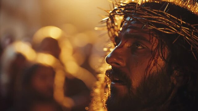 Man wearing a crown of thorns looking up in prayer with a crowded background and cinematic golden lighting, religious depiction of suffering and faith for Easter or Holy Week