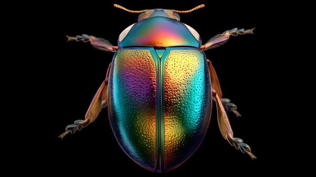 A colorful beetle with a shiny exoskeleton on a black background