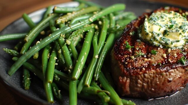 Steak mit Kr&auml;uterbutter & gr&uuml;nen Bohnen