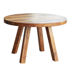 A round wooden table with a natural finish, featuring a rustic design with a minimalist style.