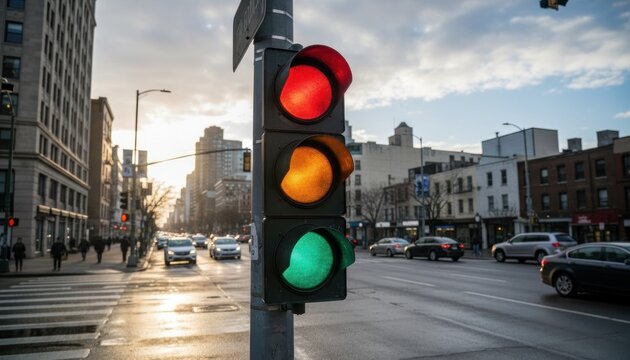 Traffic light green signal urban city intersection rush hour sunset glow modern architecture