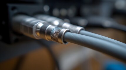 Close up of two silver audiovideo cable connectors plugged into a black electronic device