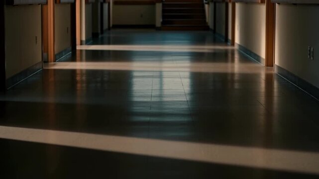 Sunlit hallway with glossy floor and striped light patterns creating depth in an indoor corridor.