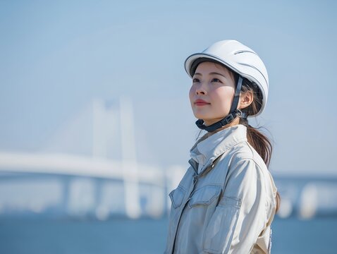 青空の下でヘルメットを着用し現場を見上げる女性作業員の前向きな表情