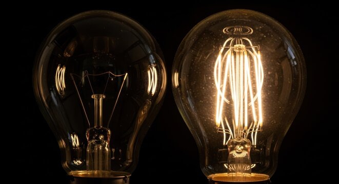 Lit and unlit vintage lightbulbs side-by-side against a black background