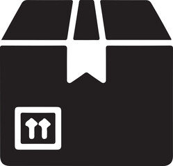 Shipping Package Box Handling Symbol, Black flat icon showing a shipping box with up arrows, representing package handling, delivery logistics, and correct orientation during transport.

