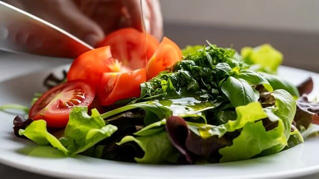 fresh salad preparation with tomato slicing and oil drizzling close up shot