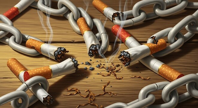 Cigarette butts linked in chain on wood.