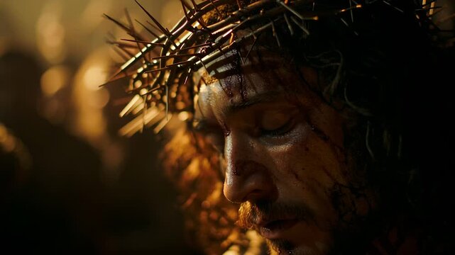 Dramatic close up of a man wearing a crown of thorns with blood on his face, historical reenactment of religious suffering and sacrifice for cinematic storytelling easter season