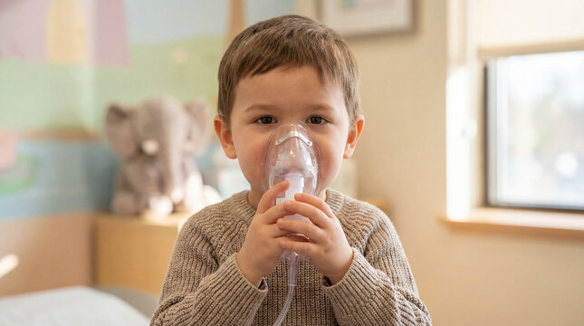 Young child looking at camera and holding a nebulizer mask while inhaling medication for respiratory treatment, front view