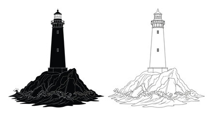 Two lighthouse illustrations one black one white on rocky islands © Siam Studio