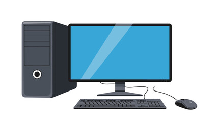 Fototapeta premium Complete desktop computer hardware setup features a tall black tower case, widescreen monitor, keyboard and a wired optical mouse on white.