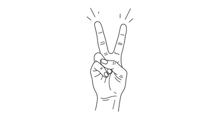 Fototapeta premium Simple line drawing of a human hand making the peace or victory sign with two fingers extended against a clean white background.
